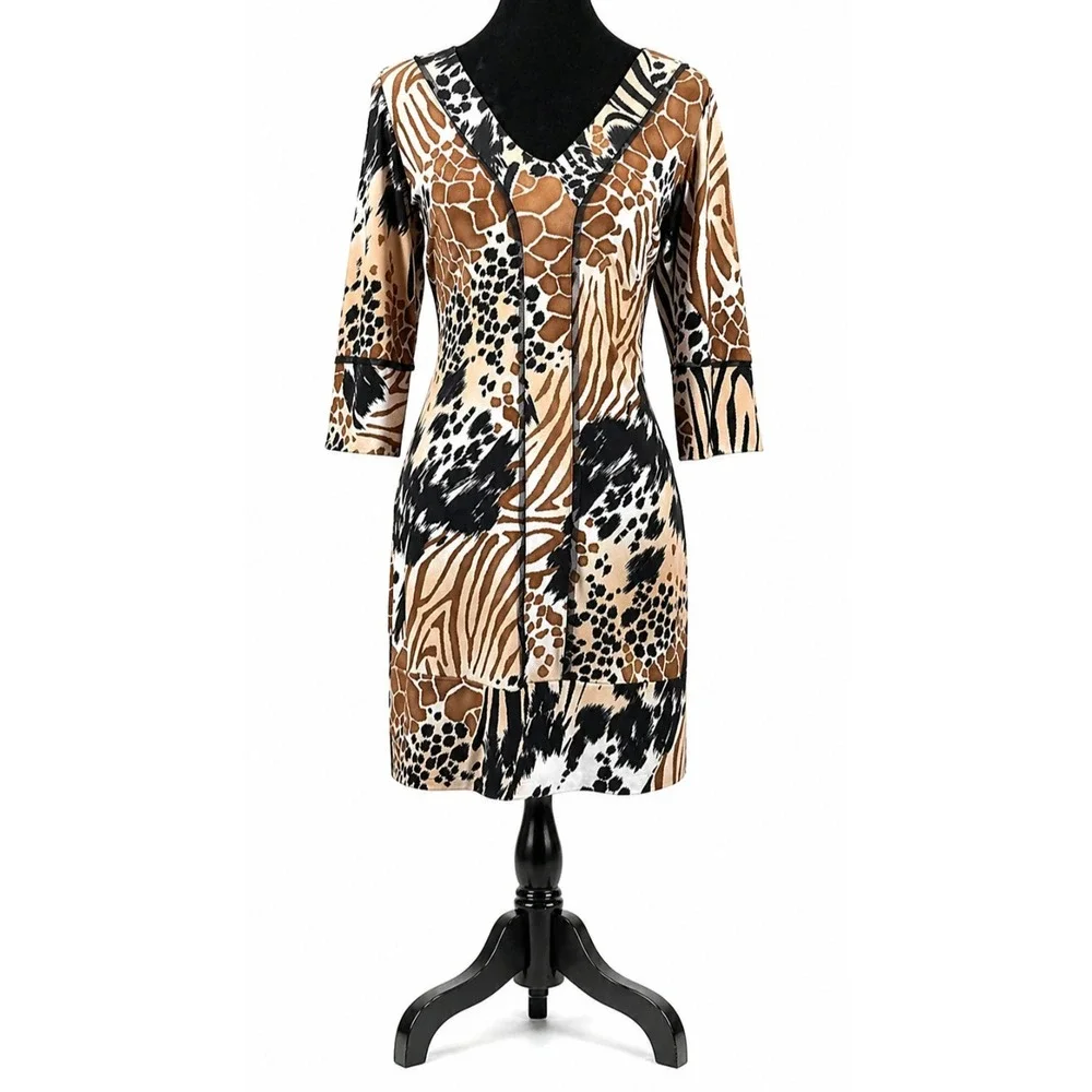 Papillon Blanc Womens Pullover Sheath Dress Size Medium Brown‎ Animal Print Knit